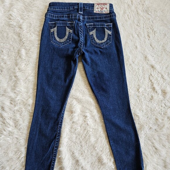 True Religion Women's Blue Supper Skinny Bejeweled Rhinestone Pocket Jeans 24 - Picture 2 of 10